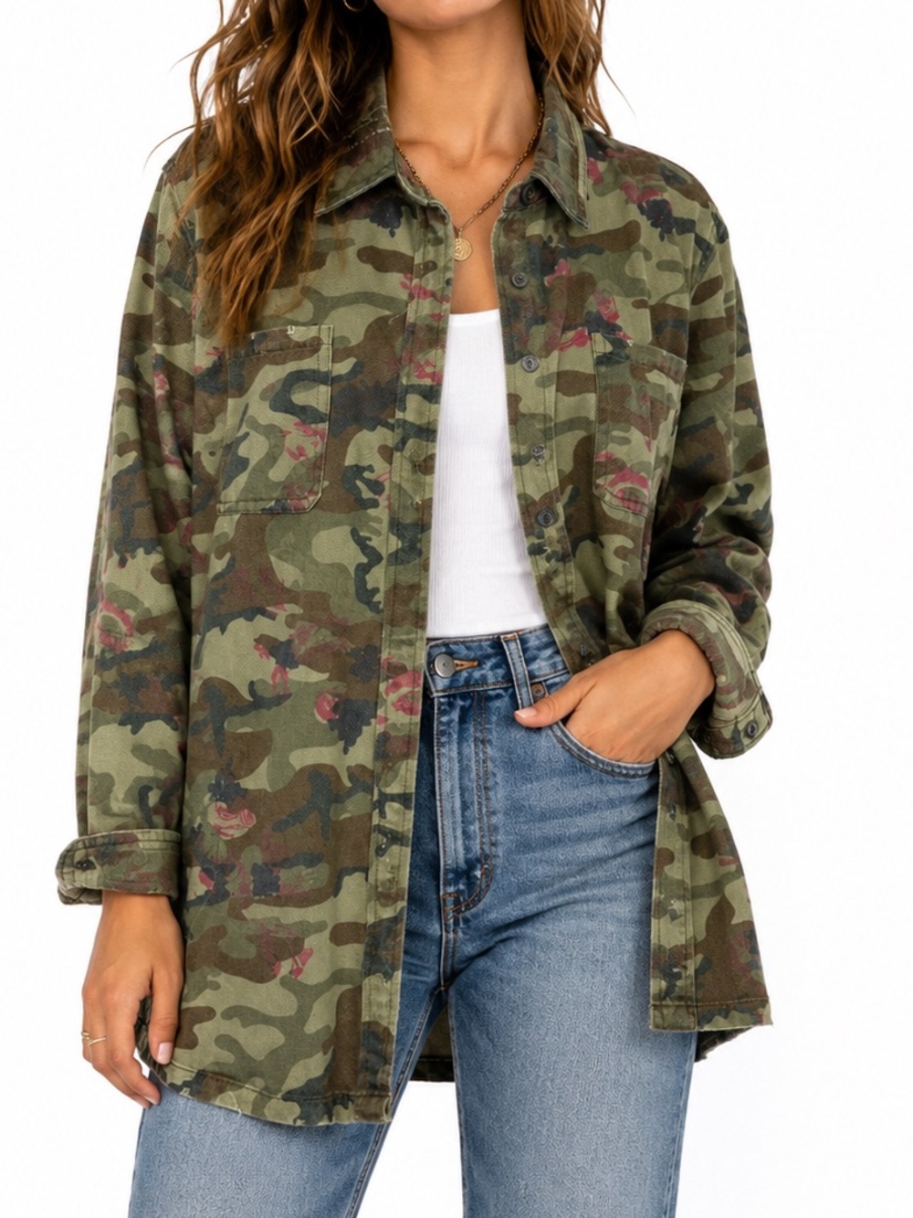 Mystree Floral Camouflage Utility Shacket Size Large Oversized Button-Front Shir